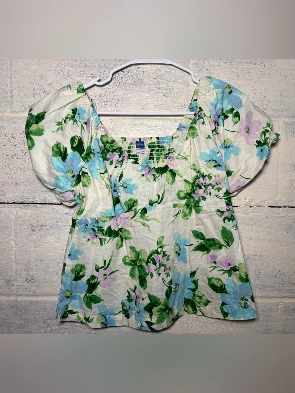 Old Navy White Floral Puff-Sleeve Square Neck Top - Blue & Green